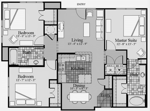 Beautiful and spacious 3 bedroom 2 bathroom unit with updated kitchen and eat-in dining room.